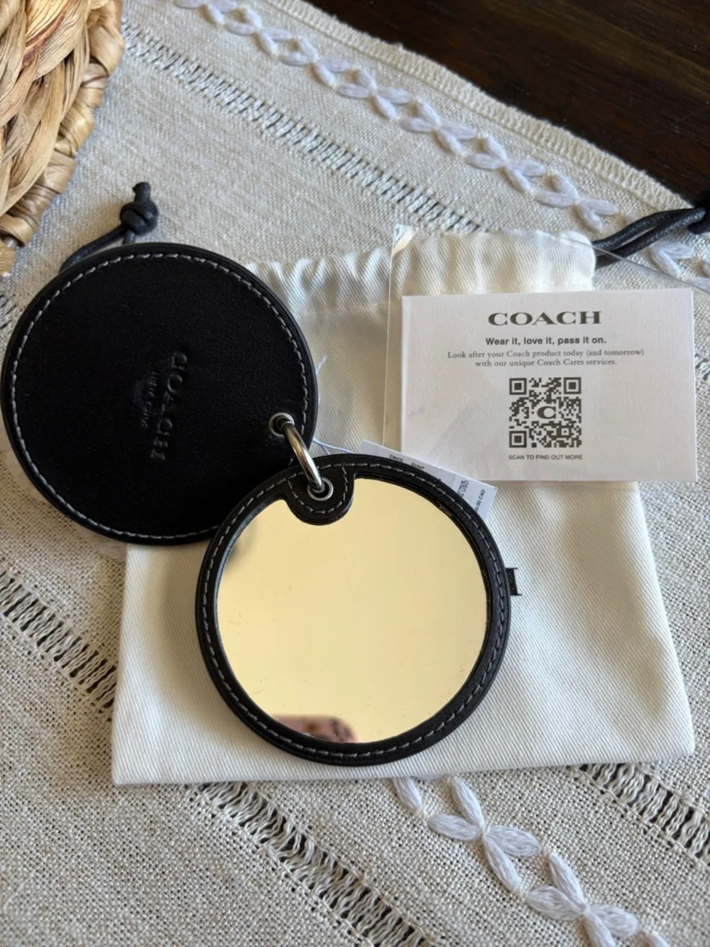 Coach Black Round Leather Keyring with Pink & Purple Hearts bag Charm - Picture 2 of 3